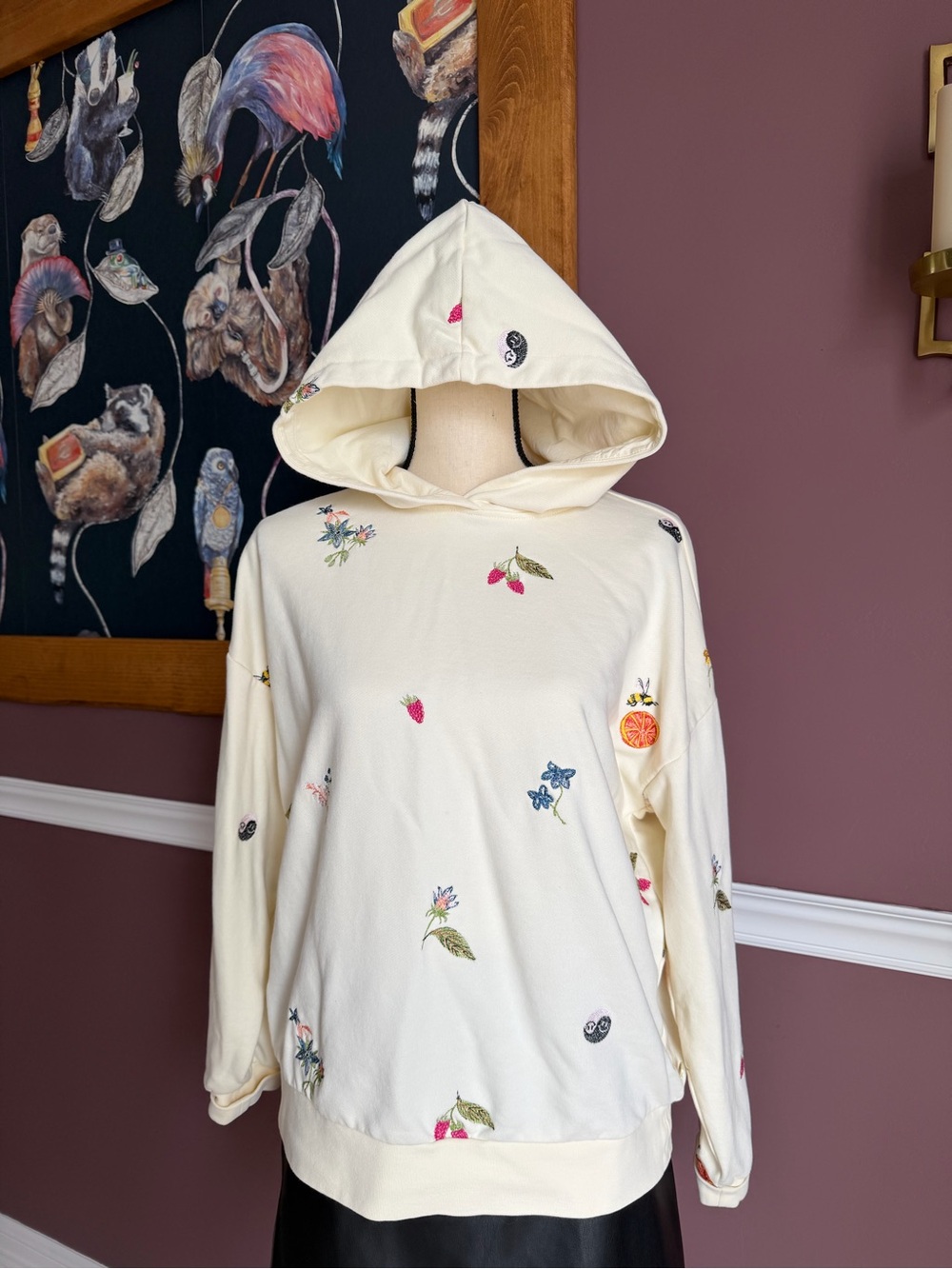 Scotch & Soda Off White Hooded Sweatshirt with Floral & Fruit Embroidery Size XS